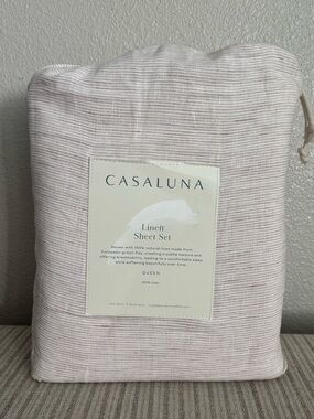 NWT Queen 100% Linen Sheet Set Adobe Clay Micro Stripe - Casaluna
